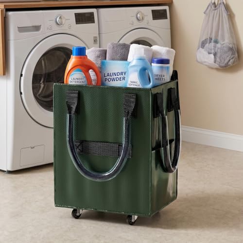 Reusable Grocery Bag on Wheel, Foldable Shopping Cart with Wheels, Can Carry up to 88 Pounds, Suitable for Groceries, Laundry, Camping and Moving. - color: Green -Medium