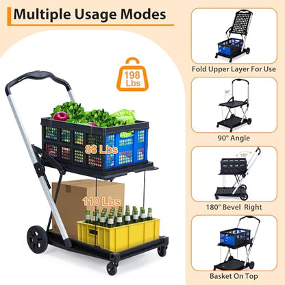 2-Tier Folding Utility Cart with Removable Collapsible Crate, 360° Swivel Wheels Aluminum Frame, 198 LBS Capacity for Shopping Camping Warehouse Hauling - color: Blue