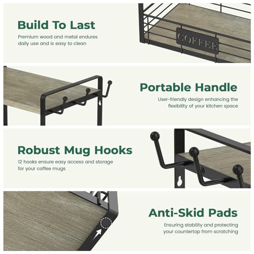 EsLuker.ly Coffee Mug Cup Holder Tree Bar Station Organizer, 2 Tier Grey Oak - color: Grey Oak + Black