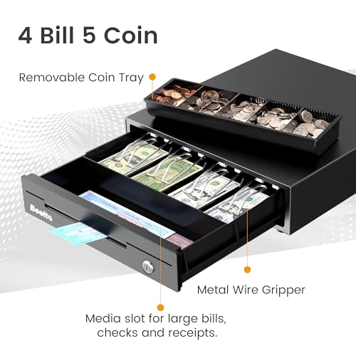 13" Cash Register Drawer for Small Business, 4 Bill/5 Coin with Check Slot, Steel Construction, Works with POS, Includes Keys & RJ11/12 Cable, Black - color: Black