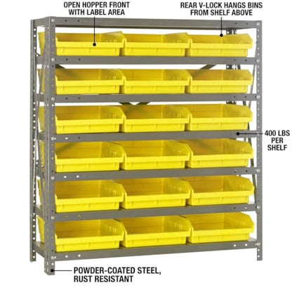 Quantum Storage 1239-109 Steel Shelf Bin Organizer System, 18 4"H Hopper-Front Bins, 7-Shelf Unit, 400 lb Per Shelf, for Warehouse, Shop, Garage & Stockroom, 12"D x 36"W x 39"H, Yellow - size: 39" H x 36" W x 12" D, style: 12" L x 12" W x 4" H 18 Economy