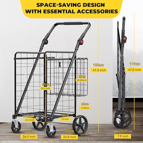 XINGLANG Heavy Duty Folding Shopping Cart – 4.5 Cu Ft, 420 lbs Capacity, Double Basket & Removable Waterproof Liner, 360° Swivel Wheels with Brakes, Adjustable & Rotating Handle for Laundry & Grocery - size: Jumbo