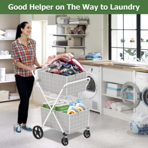 Extra Jumbo Foldable Shopping Cart with 2 Removable Baskets and Waterproof Liner, Heavy Duty Utility Grocery cart on Wheels, Rolling 2-Tier Laundry cart with 360° Swivel Front Wheels (2-Tire) (White) - color: White