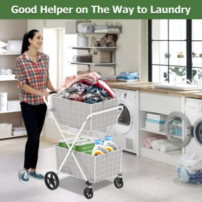 Extra Jumbo Foldable Shopping Cart with 2 Removable Baskets and Waterproof Liner, Heavy Duty Utility Grocery cart on Wheels, Rolling 2-Tier Laundry cart with 360° Swivel Front Wheels (2-Tire) (White) - color: White