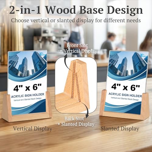 EHWINE 4 Pack 4x6 Acrylic Sign Holder with Wood Base, 2-in-1 Vertical & Slant Back Display, U-Shaped Clear Menu Holder Stand with Non-Slip Base Pads for Table, Desk, Countertop, Restaurant - size: 4 Pack 4x6 In