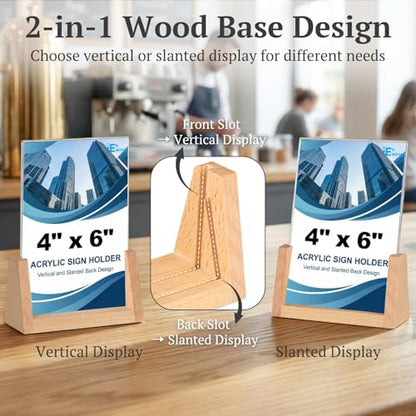 EHWINE 4 Pack 4x6 Acrylic Sign Holder with Wood Base, 2-in-1 Vertical & Slant Back Display, U-Shaped Clear Menu Holder Stand with Non-Slip Base Pads for Table, Desk, Countertop, Restaurant - size: 4 Pack 4x6 In