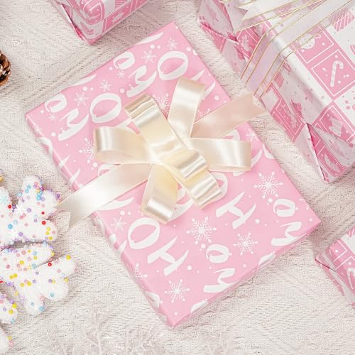 Ulmasinn Reversible Christmas Wrapping Paper Pink Mini Roll 17 Inches X 33 Feet for Girls Kids,printed with “Ho Ho” and Pink Holiday Collection Design for Festivals, Parties, Celebrations - color: Christmas Pink