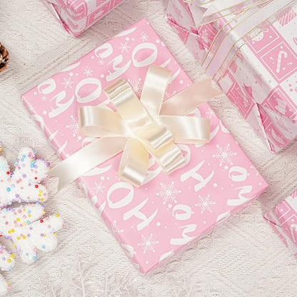 Ulmasinn Reversible Christmas Wrapping Paper Pink Mini Roll 17 Inches X 33 Feet for Girls Kids,printed with “Ho Ho” and Pink Holiday Collection Design for Festivals, Parties, Celebrations - color: Christmas Pink