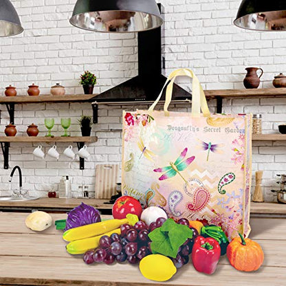 NymphFable Dragonfly Shopping Bags, 6 Pack Reusable Grocery Tote Bag 50LBS - color: Paisley Dragonfly