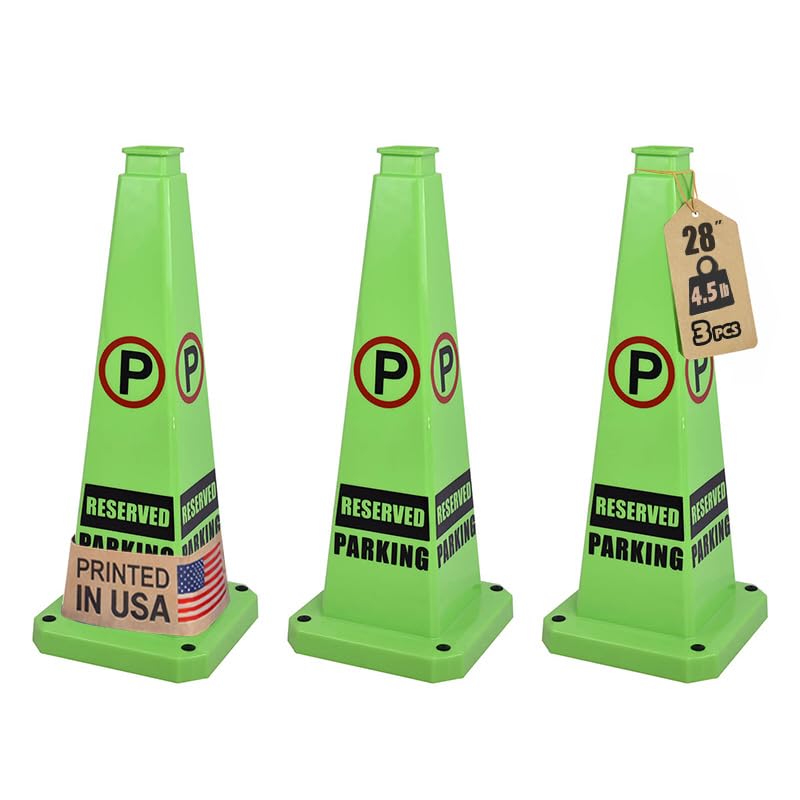 28 Inch Traffic Cones, 3 Pack Green Safety Cones with 4-Way "RESERVED PARKING" Sign and Heavy Rubber Base for Parking Lots, Event Venues, Driveways - color: RESERVED PARKING / GREEN, size: 28inch