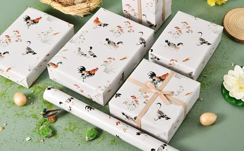 Sikiweiter Ink Painting Farm Animal Wrapping Paper Roll, 17 Inch x 16.5 Feet, Watercolor Duck and Rooster Gift Wrap with Floral Grass Design, Rustic Farmhouse Wrapping Paper for Birthday, Baby Shower, Spring Gifts(Chickens and Ducks) - color: Chickens and