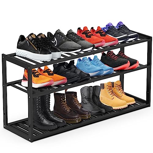 Jripae 3 Tier 32.5inch Long Bamboo Shoe Rack for Entryway Closet Garage - color: Black, size: 3 tier 32.5*10.5*17inch