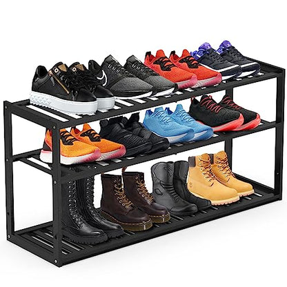 Jripae 3 Tier 32.5inch Long Bamboo Shoe Rack for Entryway Closet Garage - color: Black, size: 3 tier 32.5*10.5*17inch
