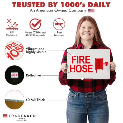 TRADESAFE Fire Hose Sign - Fire Extinguisher Sign with Fire Hose Reel Logo, Quick Install Aluminum Safety Sign, Light Reflective, UV-Resistant, Waterproof, 14” X 10” Safety Signs For Business - style: Fire Hose