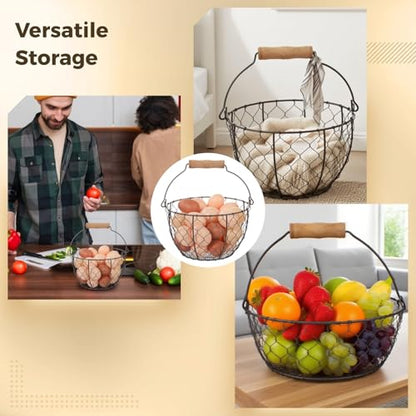 2 Pcs Wire Egg Baskets, Farmhouse Chicken Egg Collecting Baskets, Rustic Metal Egg Storages with Wooden Handle, Stackable Fresh Holders for Fruits, Vegetables, Sundries
