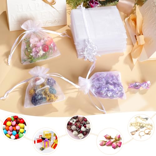 WenTao 100 Pcs Organza Bags 3×4 Inches, White Sheer Organza Gift Bags with Drawstring, Jewelry Favor Pouches Christmas Candy Wedding Birthday Party Bags - color: White