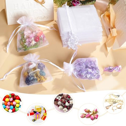 WenTao 100 Pcs Organza Bags 3×4 Inches, White Sheer Organza Gift Bags with Drawstring, Jewelry Favor Pouches Christmas Candy Wedding Birthday Party Bags - color: White
