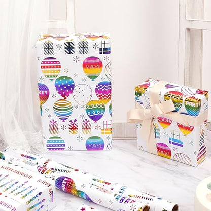 VOWOVOSDAY Happy Birthday Wrapping Paper Roll-3 Rolls-17 inch x 120inch Per roll-Colorful Foil Birthday Wrapping Paper for Valentine's Day,Kids Girls Birthday,Baby Shower(10Balloon&Candle) - color: Iridescent Happy Birthday & Balloon & Candle
