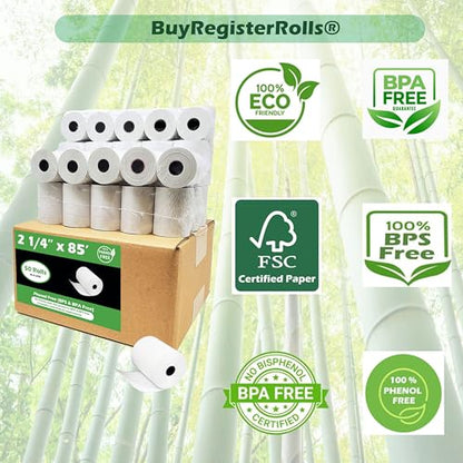 Phenol Free Thermal Paper (50 Rolls) 2 1/4 x 85 Receipt Rolls 55 GSM Fits All Credit Card Terminals Verifone VX510 VX570 FD50 BPA Free from BuyRegisterRolls