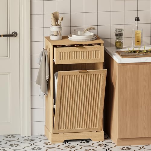 13 Gallons Tilt Out Trash Can Cabinet, Fluted Trash Cabinet, Natural Oak - color: Natural Oak, size: 13 Gallons