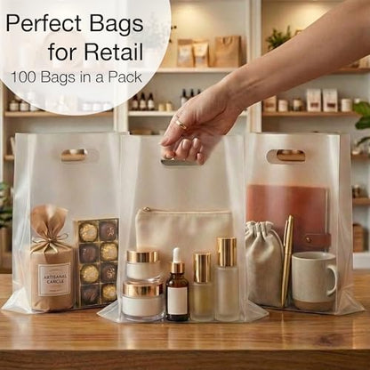100 Frosted Clear Plastic Bags With Handles 9x12 Merchandise Bags - color: Frosted Clear