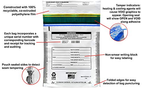 Secur-Pak Deposit Bags - Pack of 100 - Bill Capacity - color: White, size: 7" x 10"