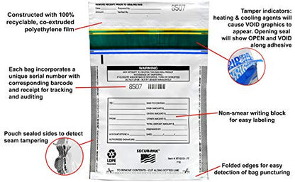 Secur-Pak Deposit Bags - Pack of 100 - Bill Capacity - color: White, size: 7" x 10"