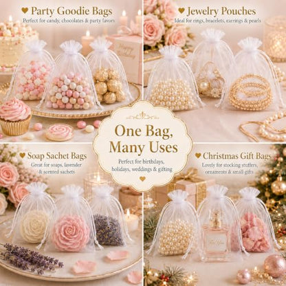 Sukh 100pcs Organza Bags 5''x7'' - White Mesh Drawstring Gift Bags - color: White, size: 100 Count (5 x 7 Inches)