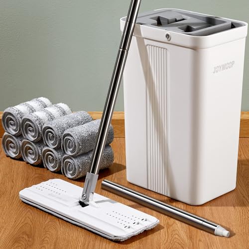 JOYMOOP Flat Mop System, Microfiber Mop and Bucket Set, White, Household & Commercial Floor Cleaning Mop with Long Handle, Wet Dry Use, Includes 8 Mop Pads - color: White Standard2481