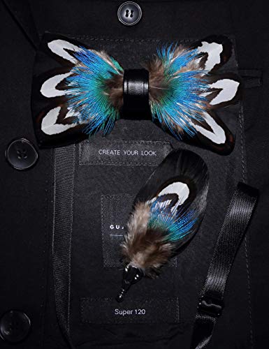 RBOCOTT Handmade Feather Pre-tied Bow tie and Brooch Sets for Men - color: Blue/White/Black