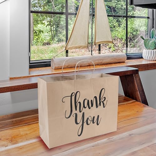 Large Kraft Thank You Paper Shopping Bags - 16”L x 6”D x 12”H - Case of 100