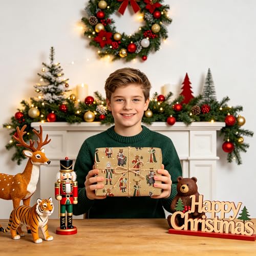 WRAPAHOLIC Kraft Nutcracker Christmas Wrapping Paper - Mini Roll - 17 Inch x 16.5 Feet - Noble Nutcracker Wrapping Paper with Woodland Animals Design for Girls Boys Kids, Xmas Holiday, Winter Season - color: Kraft Noble Nutcracker