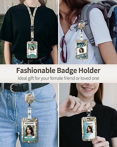 Uniclife Floral Sliding Badge Holder Monstera Leaves Plastic Case with Retractable Badge Reel Carabiner Clip and Detachable Lanyard Strap Vertical Card Protector for Women Nurse Teacher Student - color: Monstera Leaves