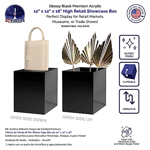 Acrylic Pedestal Display 12" x 12” x 16” Tall Box Riser No Lid Vertical Rectangle Column Black 5 Sided Showcase Pedestal Tower Podium Art Display Box by Marketing Holders - size: 12"w x 12"d x 16"h Black