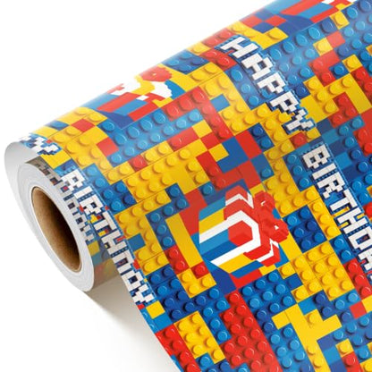 Sikiweiter Building Block Birthday Wrapping Paper Roll, 17 Inches x 16.5 Feet, Colorful Brick Pattern Gift Wrap with Happy Birthday Text and Present Box Design for Kids Birthday Party, Boys Girls Gifts, Party Supplies(Building Bricks Birthday) - color: Bu