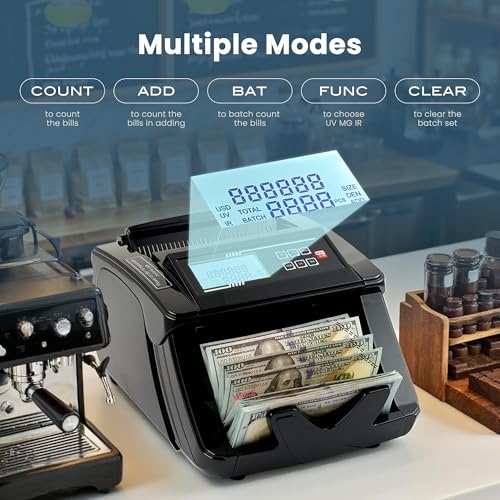 BODIOO Professional Money Counter Machine with UV/MG/IR/DD Detection, High-Speed 1000 Bills per Minute, USD and EUR Support, External LCD Display,Black
