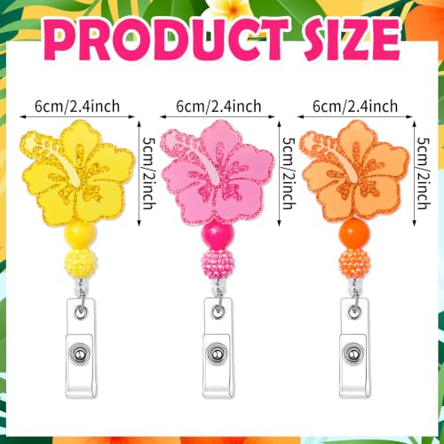 JarThenaAMCS 3Pcs Summer Hawaiian Flower Badge Reels Glitter Cute Hibiscus Flower ID Badge Name Tag Holder with Retractable Clip for Summer Tropical Nurse Doctor Student Teacher Employee - style: Hibiscus Flower