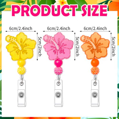 JarThenaAMCS 3Pcs Summer Hawaiian Flower Badge Reels Glitter Cute Hibiscus Flower ID Badge Name Tag Holder with Retractable Clip for Summer Tropical Nurse Doctor Student Teacher Employee - style: Hibiscus Flower