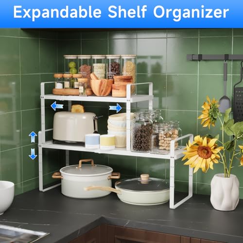 Expandable Cabinet Shelf Organizer, Stackable Kitchen Pantry Counter Storage, Adjustable Closet Cupboard Stand Rack Risers Spice Organization 80LBS Heavy Duty White Large 1 Pack - color: White Large