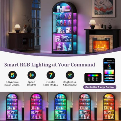 6-Tier Arched Glass Display Cabinet with RGB Lights & Lock - color: Black 6 Tier