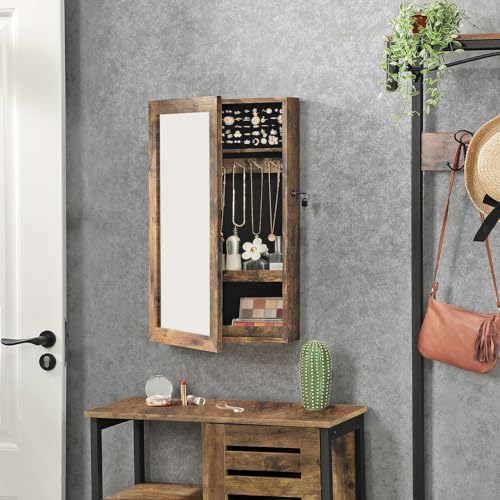 SONGMICS Lockable Jewelry Cabinet Armoire with Mirror, Wall-Mounted - color: Rustic Brown, style: Essential Capacity