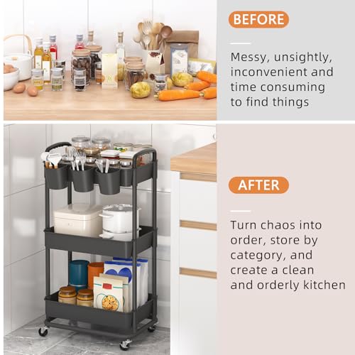 JIUYOTREE 3-Tier Plastic Rolling Storage Cart Utility Cart Black - color: Black, size: 3-Tier