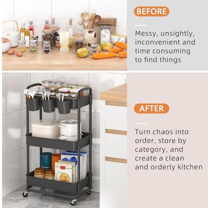 JIUYOTREE 3-Tier Plastic Rolling Storage Cart Utility Cart Black - color: Black, size: 3-Tier