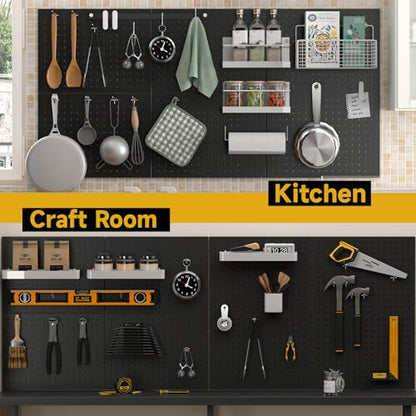 Peg Board, 4-pcs 16" x 12" Metal Pegboard Panels with 70 Hooks, Tool Organizer for Garage, Craft Room, Black