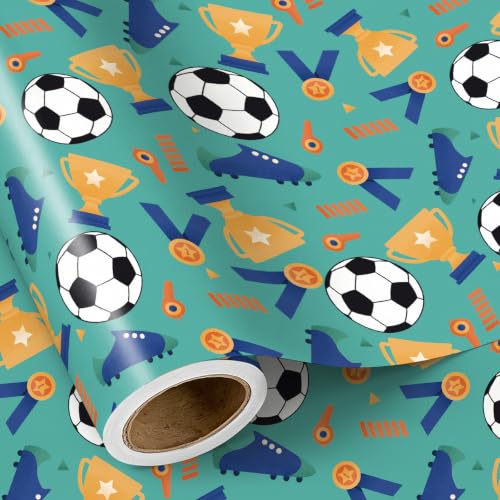 RUSPEPA Soccer Wrapping Paper Roll, Mini Roll, Football Trophy, Medal, Whistle & Cleats Design Gift Wrap Paper for Kids, Boys, Sports Fans, Team Celebration, Football Party, 17 Inches x 16.4 Feet - color: Soccer Trophy & Medal