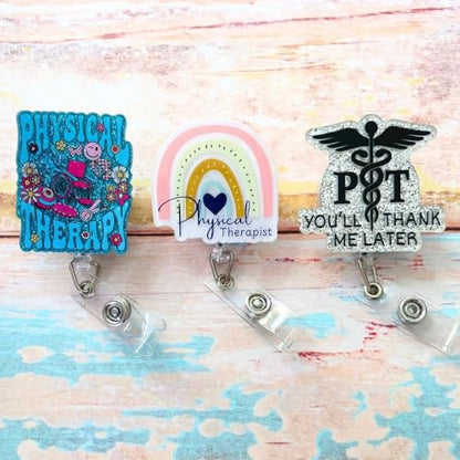 3PC Physical Therapist Badge Reels Physio Therapeutic Occupational Therapy Name Holder Retractable ID Clip Essentials for PT Student Assistant Rehab Aide Accessories Appreciation Gifts for Coworkers - style: Physical Therapist