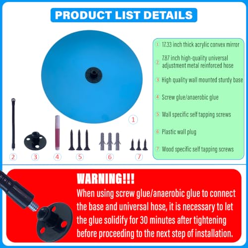 17.33" HD Frameless Acrylic Convex Mirror, Wide Angle Blind Spot Mirror - size: 17.33 inch wide-angle lens+base
