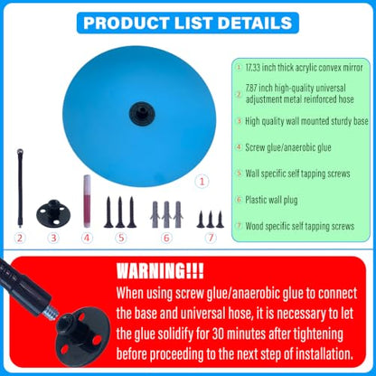 17.33" HD Frameless Acrylic Convex Mirror, Wide Angle Blind Spot Mirror - size: 17.33 inch wide-angle lens+base