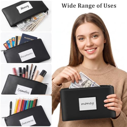 Airkit Money Bag with Zipper 2 Pack, PU Leather Bank Deposit Bags with Label, Waterproof Money Organizer Pouch for Cash Coins Receipt Bills Cosmetics Tools, 11.4 x 6.7 Inches, Black & Blue