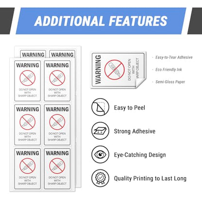 2" x 3" Warning Do Not Open with Sharp Object Stickers – Self-Adhesive Sheet Labels for Packaging, Shipping, and Handling (600 Stickers) - color: Do Not Open With Sharp Object, size: 600 Stickers